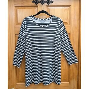 Liz Claiborne Women's Large Black & White Strip Long Sleeves Top Tunic Pullover